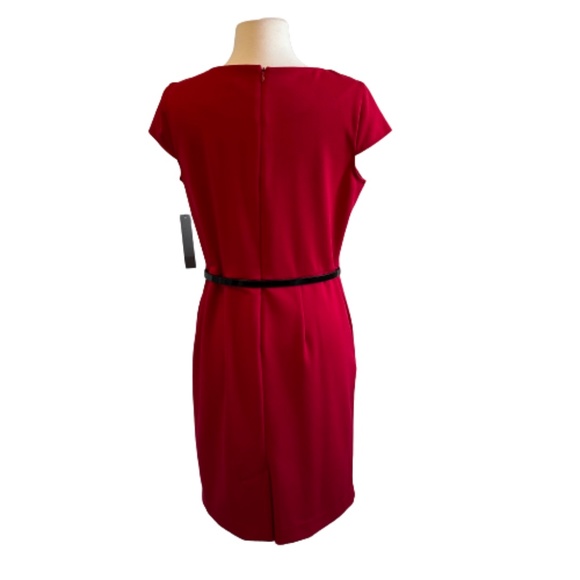 DANA BUCHMAN Dress Sheath Pleated Belted Stretch Cap Sleeves Red Size 10 - Picture 2 of 6